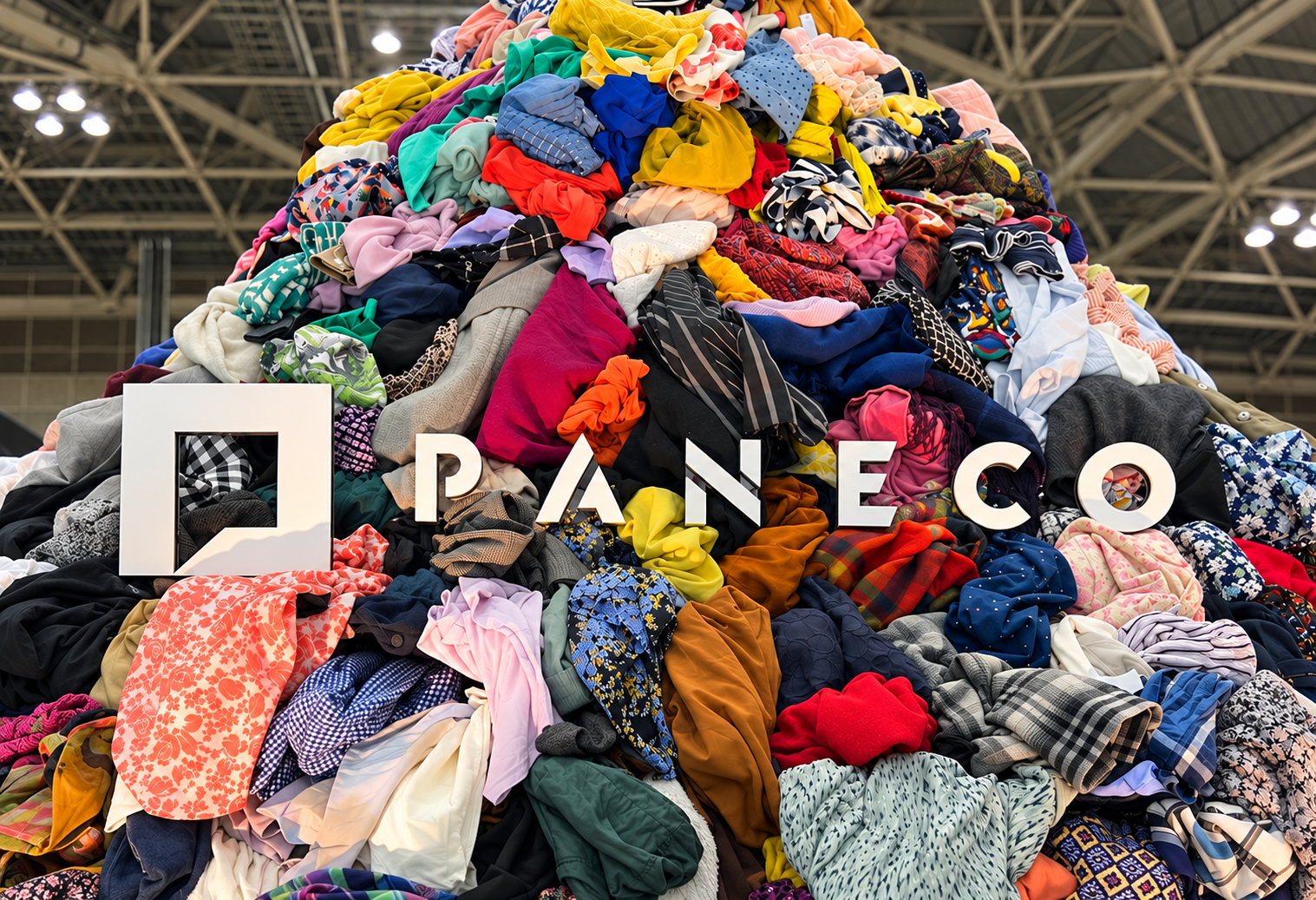 衣類の山とPANECOのロゴ